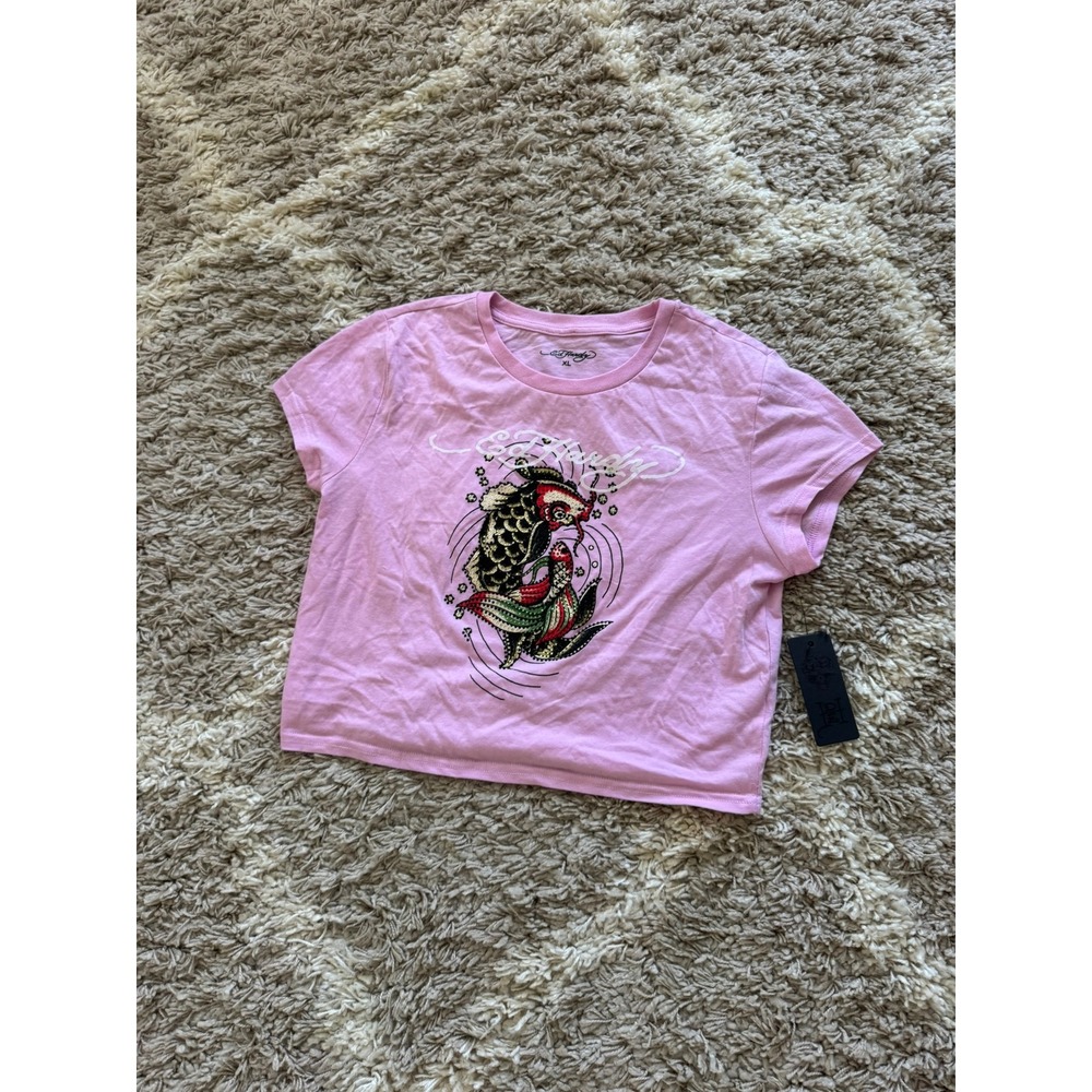 Ed Hardy Women Pink Koi Fish Graphic Crop Top Tee XL Y2K Streetwear New